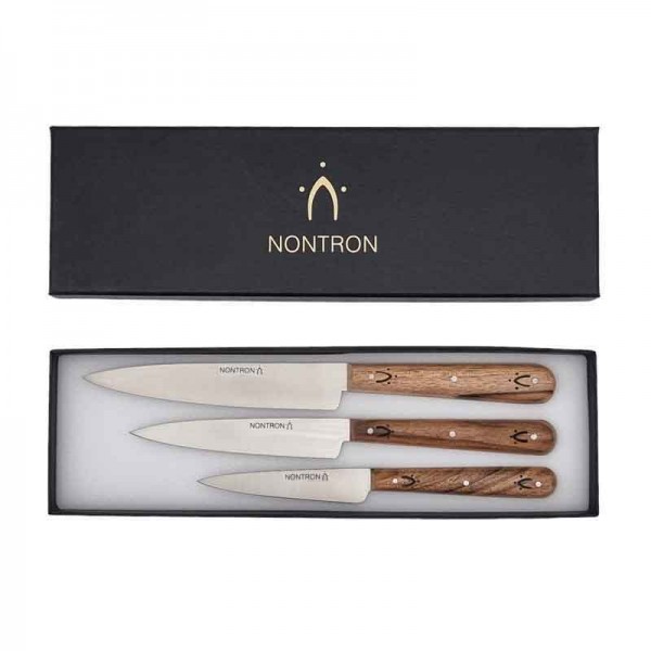 Coffret 3 couteaux de cuisine NONTRON |noyer pyrogravé